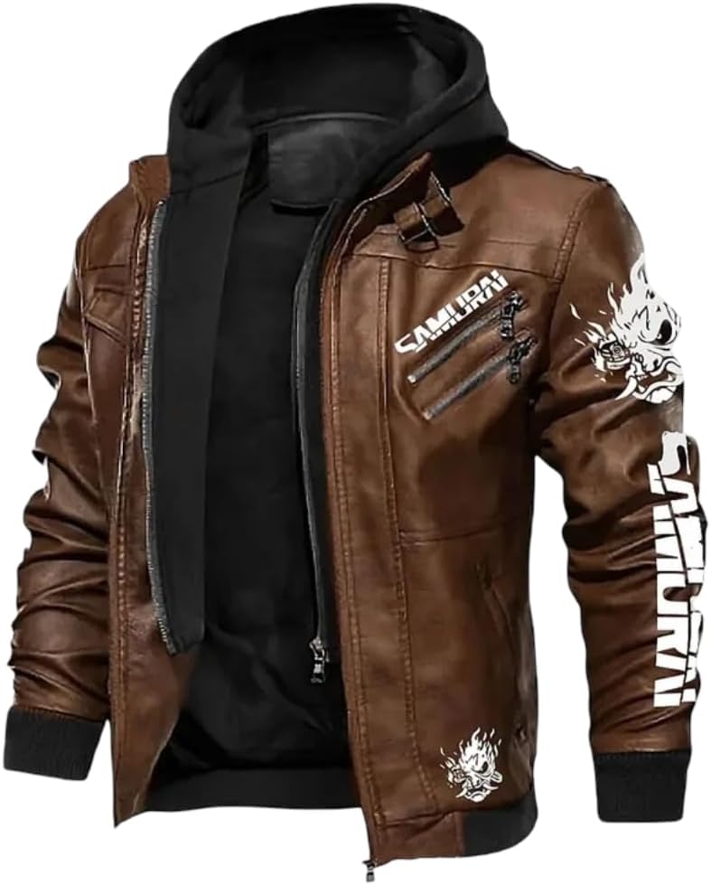 Men’s Brown Cyberpunk Samurai Leather Bomber Jacket with Hood – Gaming Cosplay