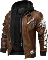 Men’s Brown Cyberpunk Samurai Leather Bomber Jacket with Hood – Gaming Cosplay