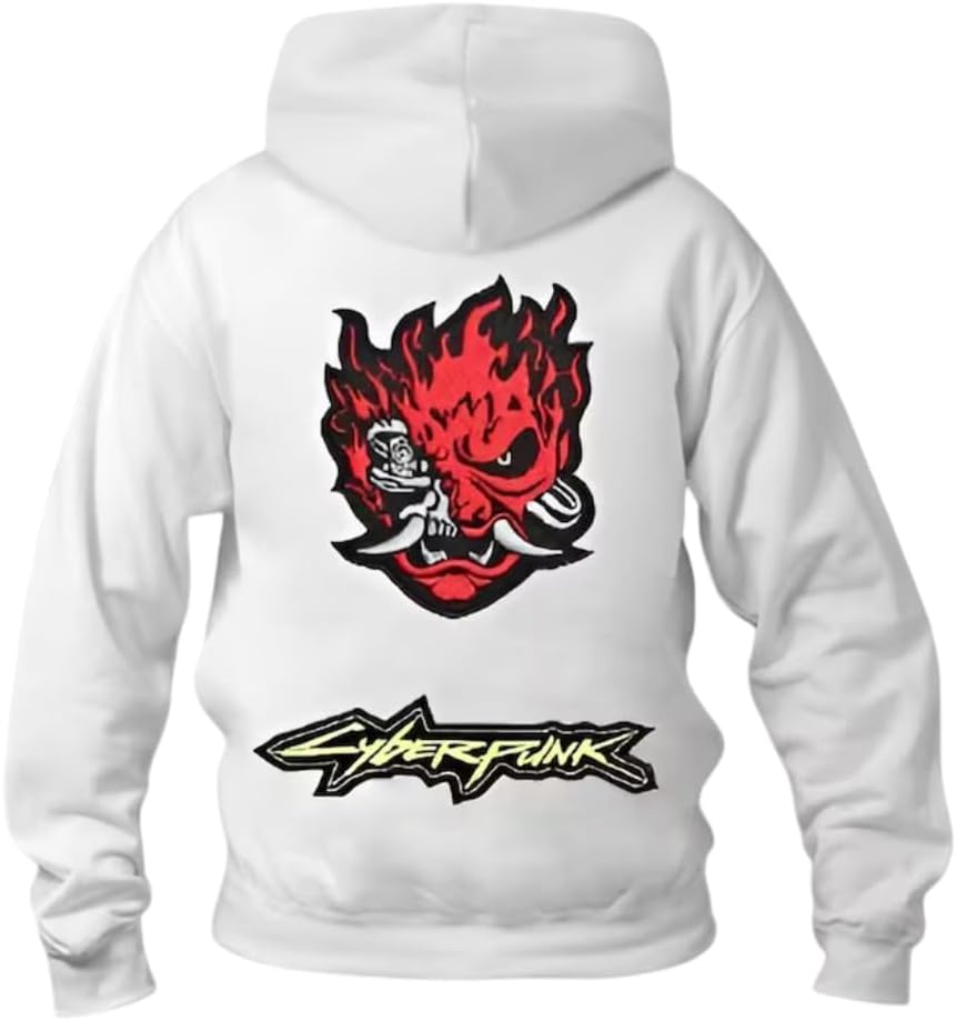 Men’s White Cyberpunk Samurai Leather Bomber Jacket with Hood – Gaming Cosplay