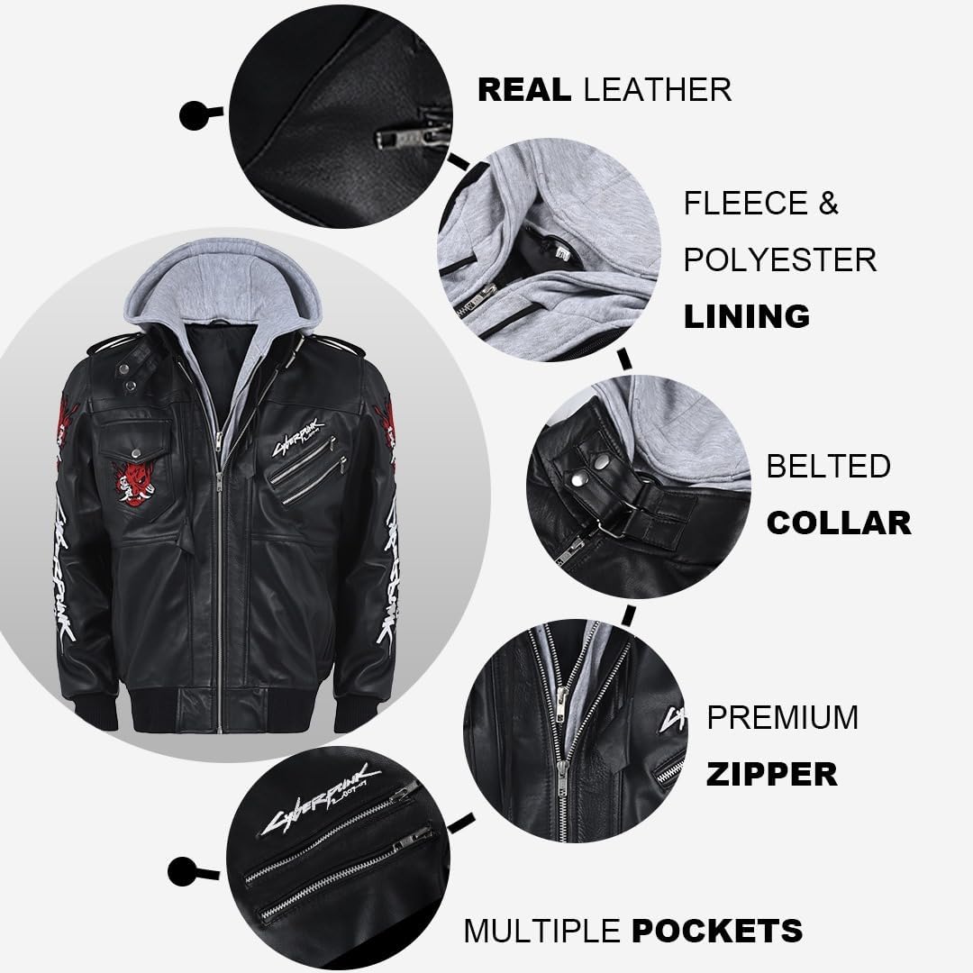 Men’s Black Cyberpunk Samurai Real Leather Bomber Jacket with Hood – Gaming Cosplay