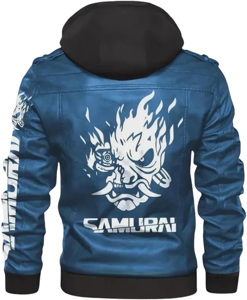 Men’s Blue Cyberpunk Samurai Leather Bomber Jacket with Hood – Gaming Cosplay