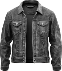 Men’s Black Vintage Lambskin Leather Trucker Jacket – Western Motorcycle Style
