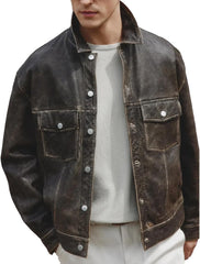 Men’s Distressed Brown Lambskin Leather Trucker Jacket – Western Motorcycle Style
