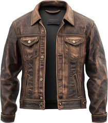 Men’s Vintage Brown Lambskin Leather Trucker Jacket – Western Motorcycle Style