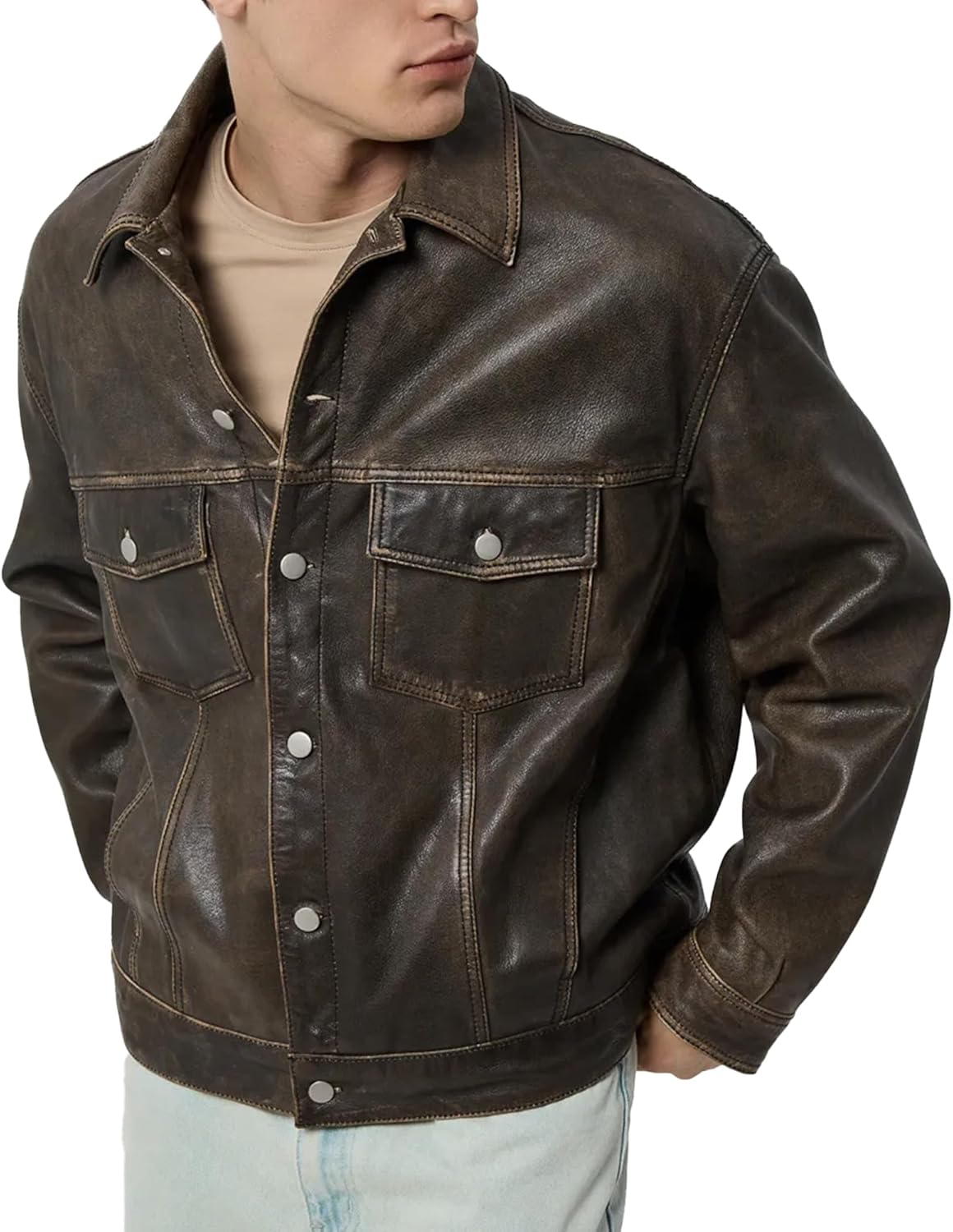 Men’s Distressed Brown Lambskin Leather Trucker Jacket – Western Motorcycle Style
