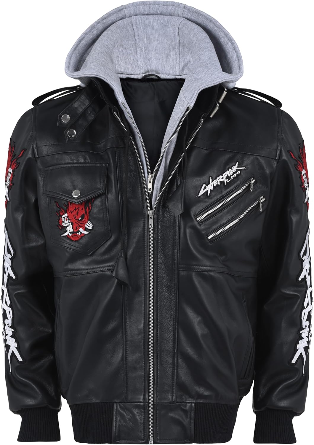 Men’s Black Cyberpunk Samurai Real Leather Bomber Jacket with Hood – Gaming Cosplay