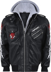 Men’s Black Cyberpunk Samurai Real Leather Bomber Jacket with Hood – Gaming Cosplay