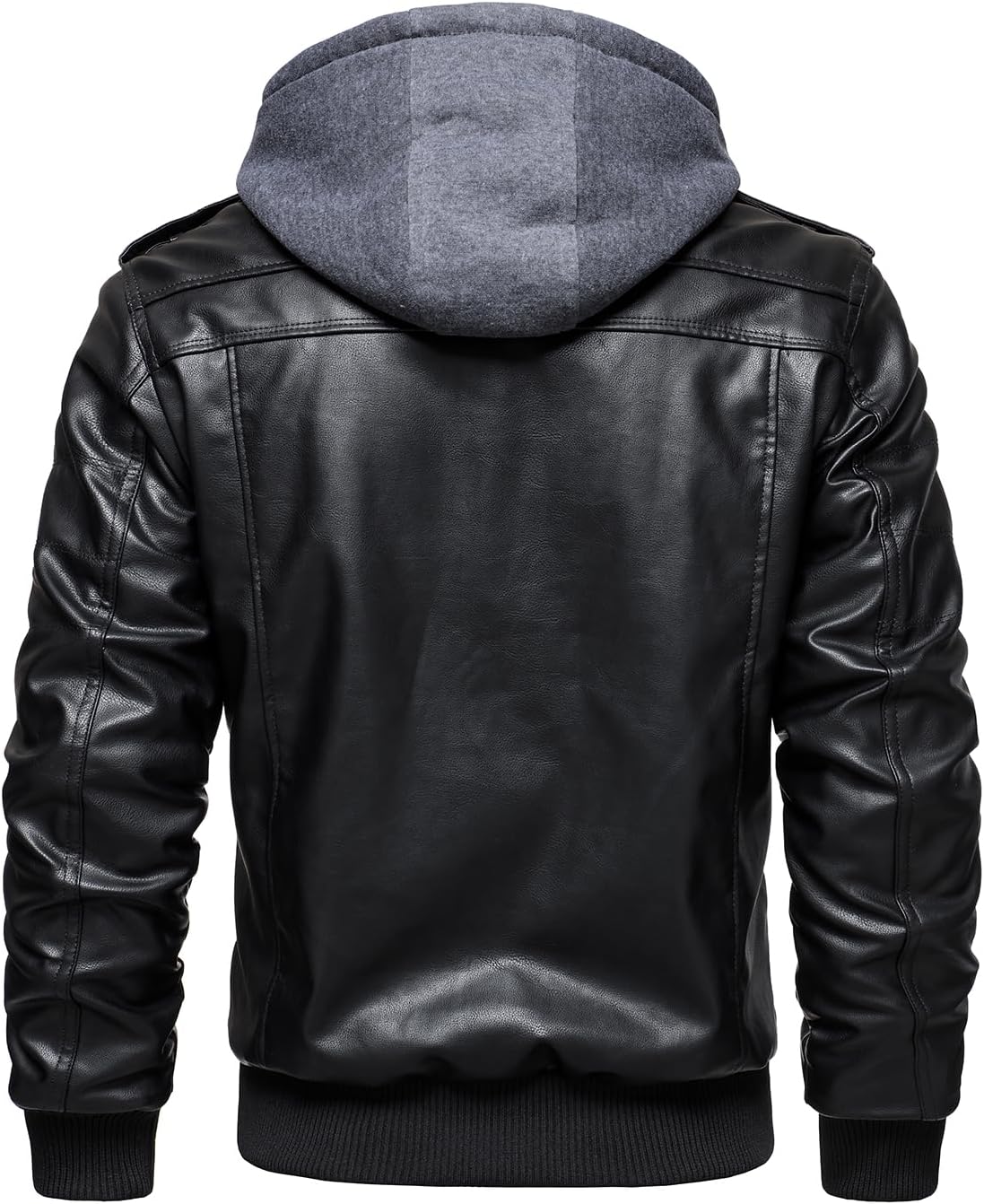 Men’s Warm Black Fleece PU Leather Motorcycle Jacket with Removable Hood
