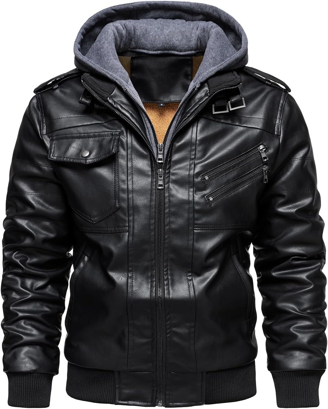 Men’s Warm Black Fleece PU Leather Motorcycle Jacket with Removable Hood