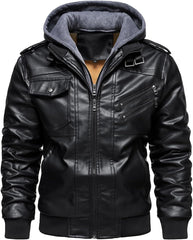 Men’s Warm Black Fleece PU Leather Motorcycle Jacket with Removable Hood