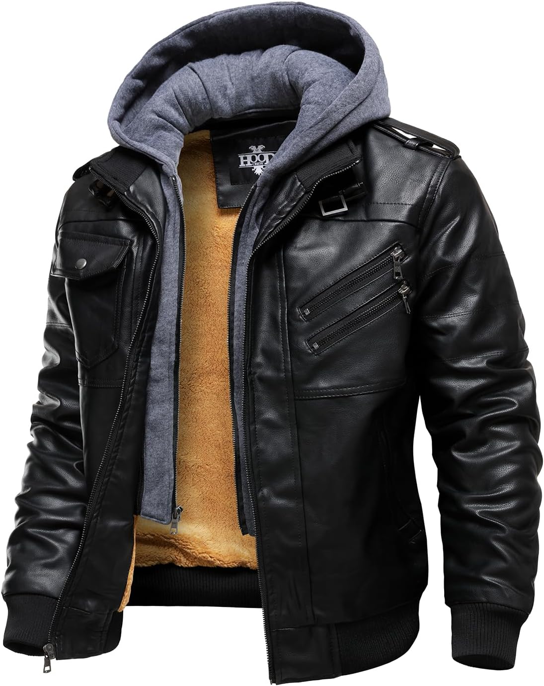 Men’s Warm Black Fleece PU Leather Motorcycle Jacket with Removable Hood