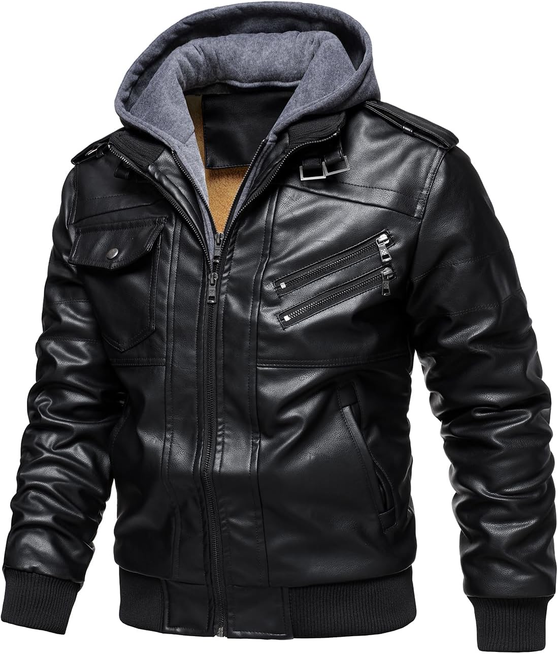Men’s Warm Black Fleece PU Leather Motorcycle Jacket with Removable Hood