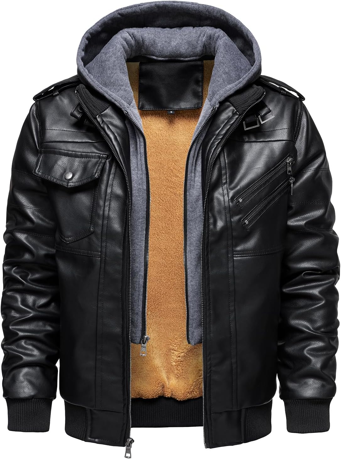 Men’s Warm Black Fleece PU Leather Motorcycle Jacket with Removable Hood