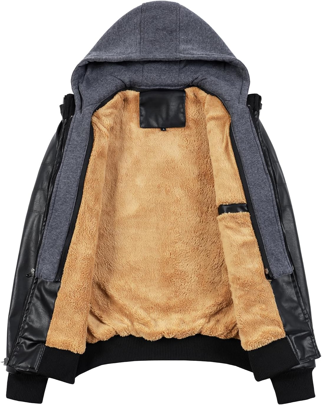 Men’s Warm Black Fleece PU Leather Motorcycle Jacket with Removable Hood