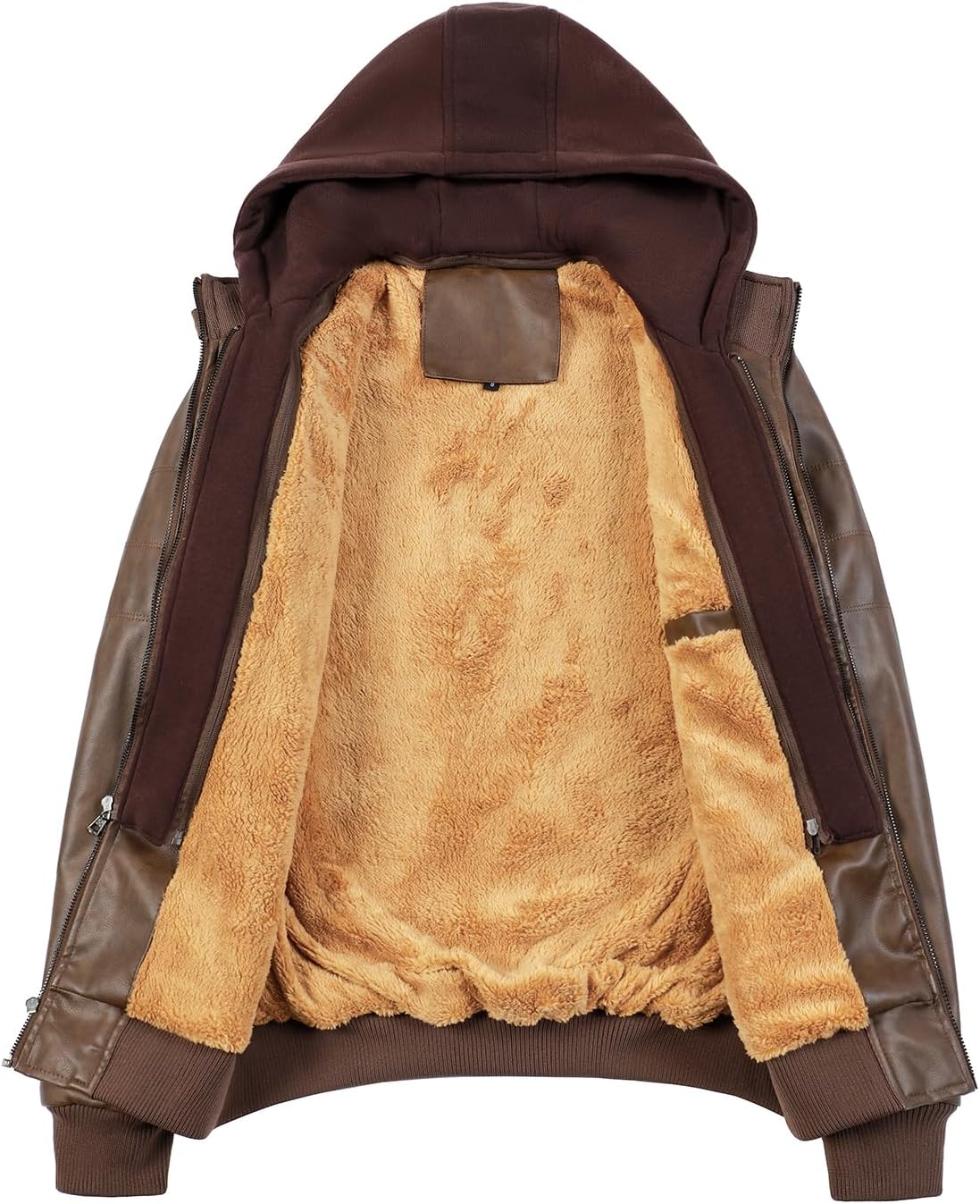 Men’s Warm Brown Fleece PU Leather Motorcycle Jacket with Removable Hood