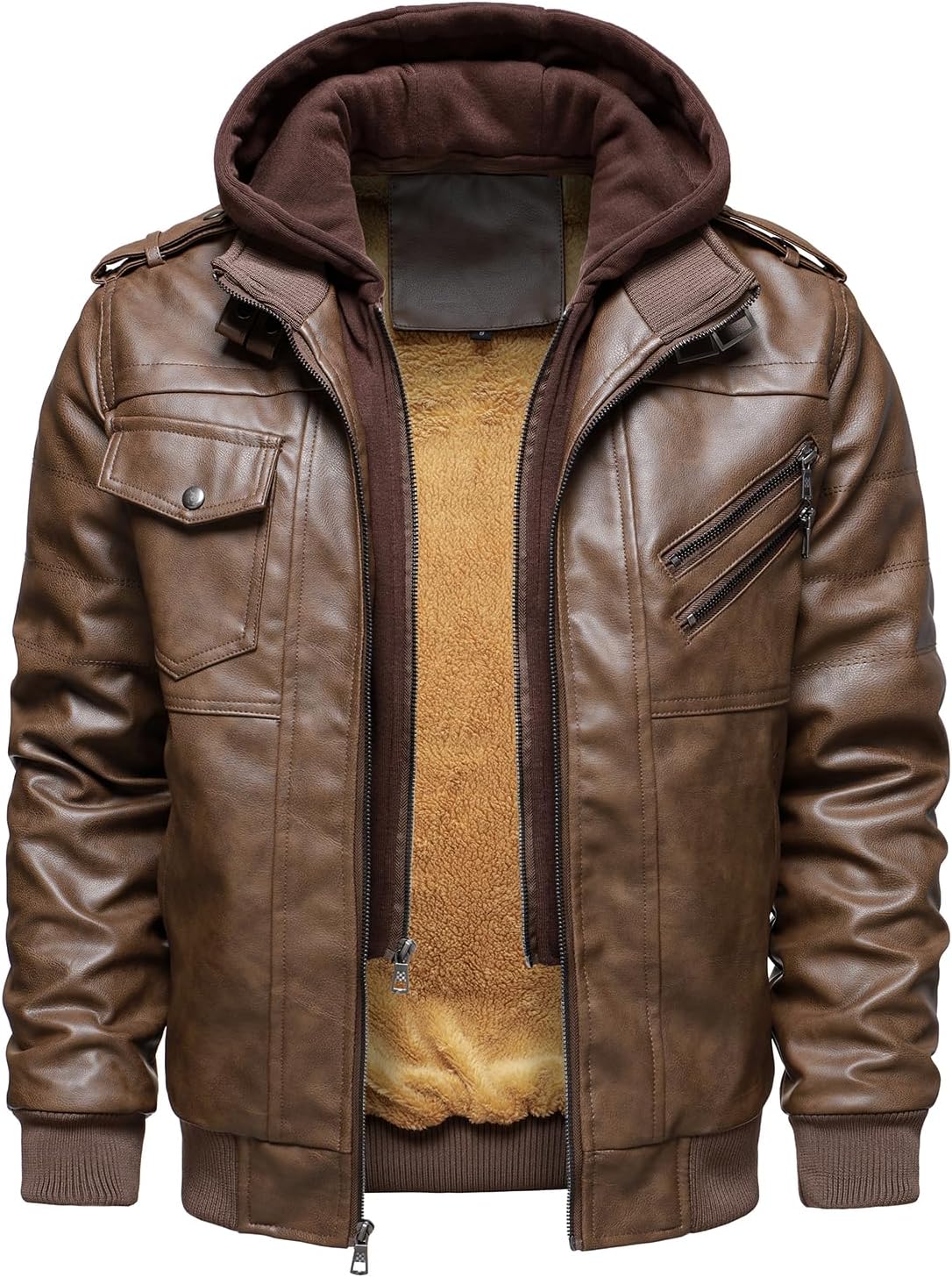 Men’s Warm Brown Fleece PU Leather Motorcycle Jacket with Removable Hood