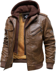 Men’s Warm Brown Fleece PU Leather Motorcycle Jacket with Removable Hood