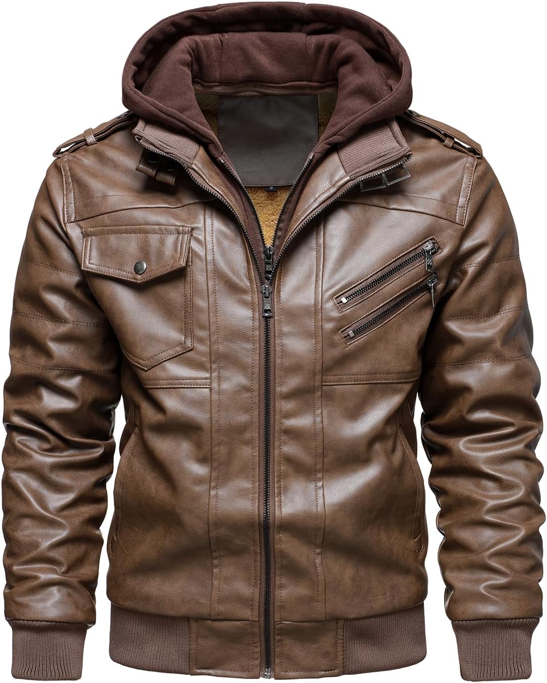 Men’s Warm Brown Fleece PU Leather Motorcycle Jacket with Removable Hood
