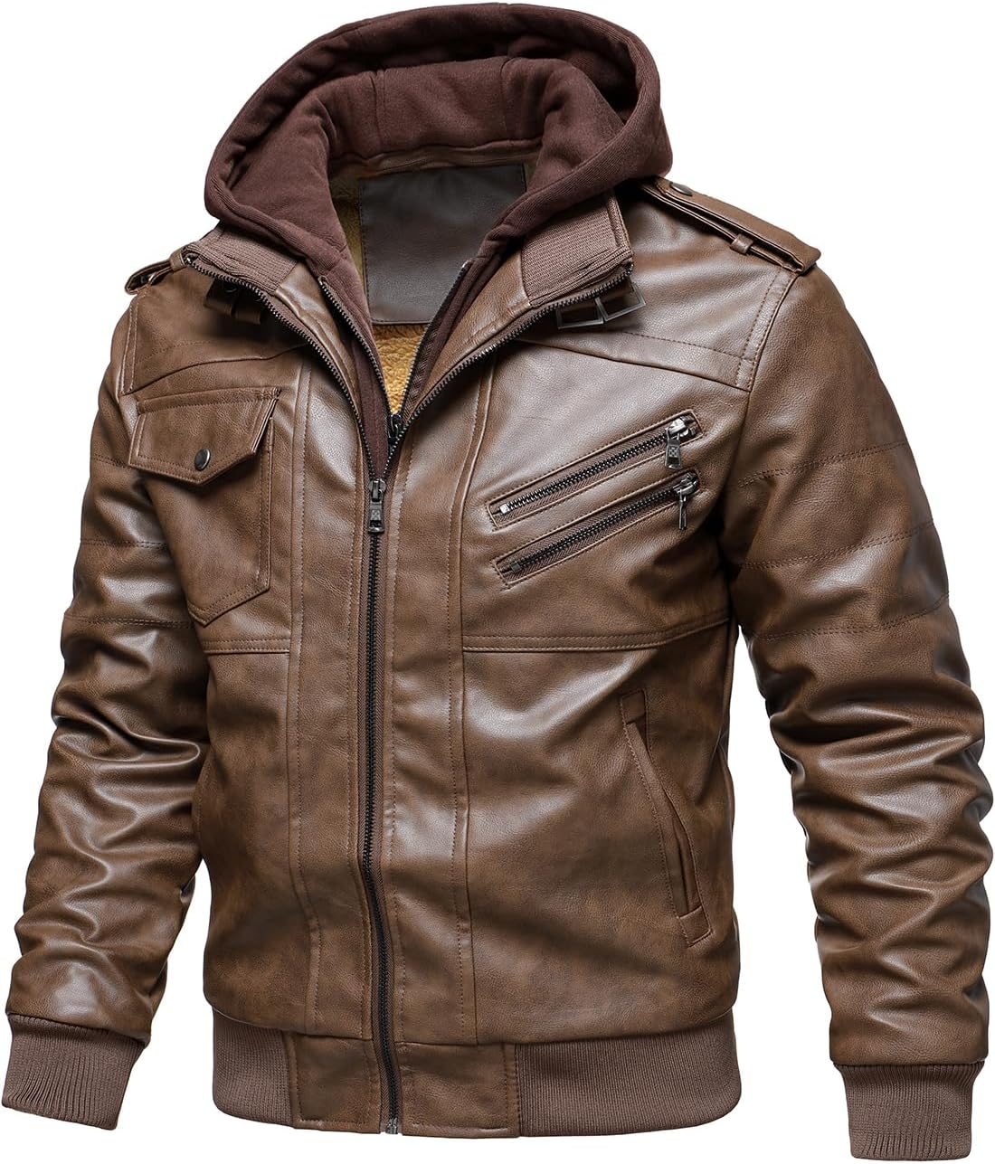 Men’s Warm Brown Fleece PU Leather Motorcycle Jacket with Removable Hood