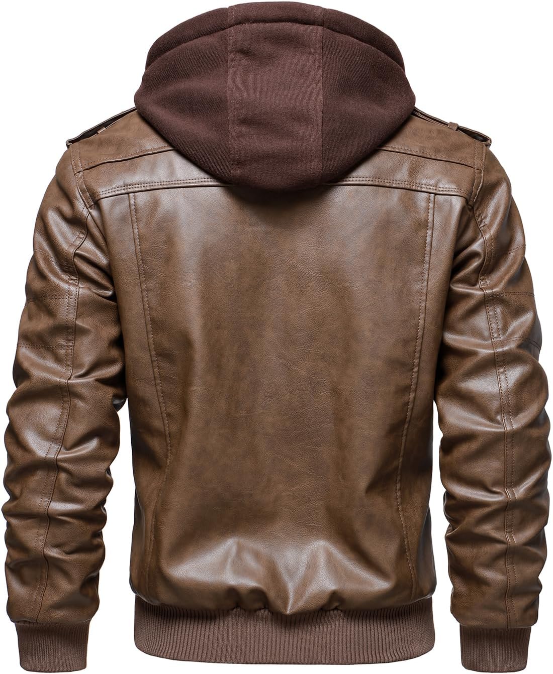 Men’s Warm Brown Fleece PU Leather Motorcycle Jacket with Removable Hood
