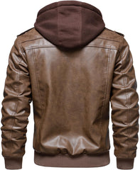 Men’s Warm Brown Fleece PU Leather Motorcycle Jacket with Removable Hood