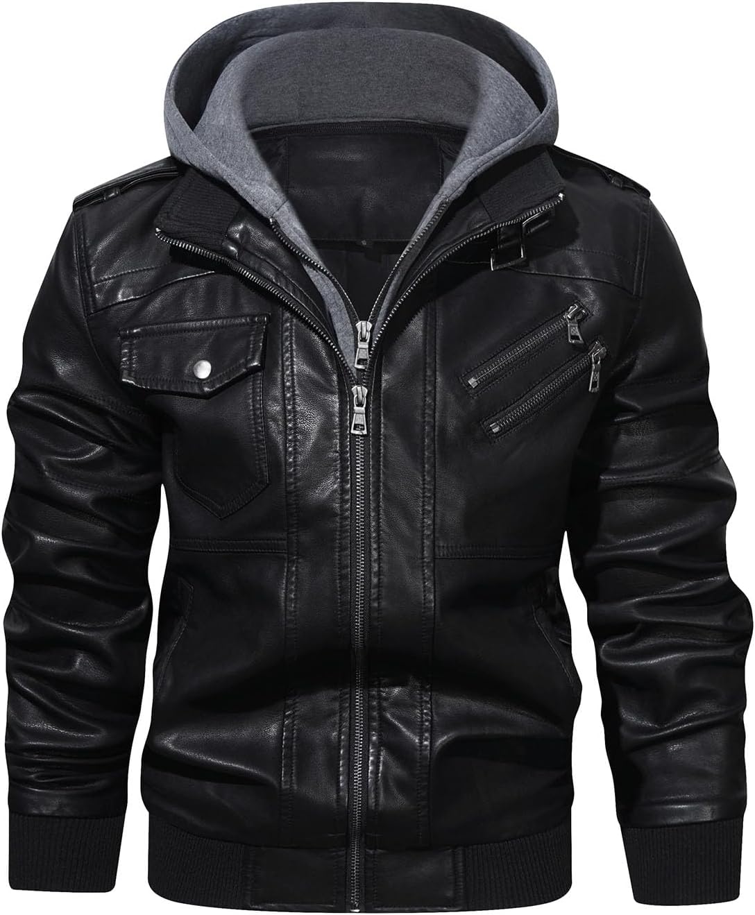 Men’s Warm Black PU Leather Motorcycle Jacket with Removable Hood