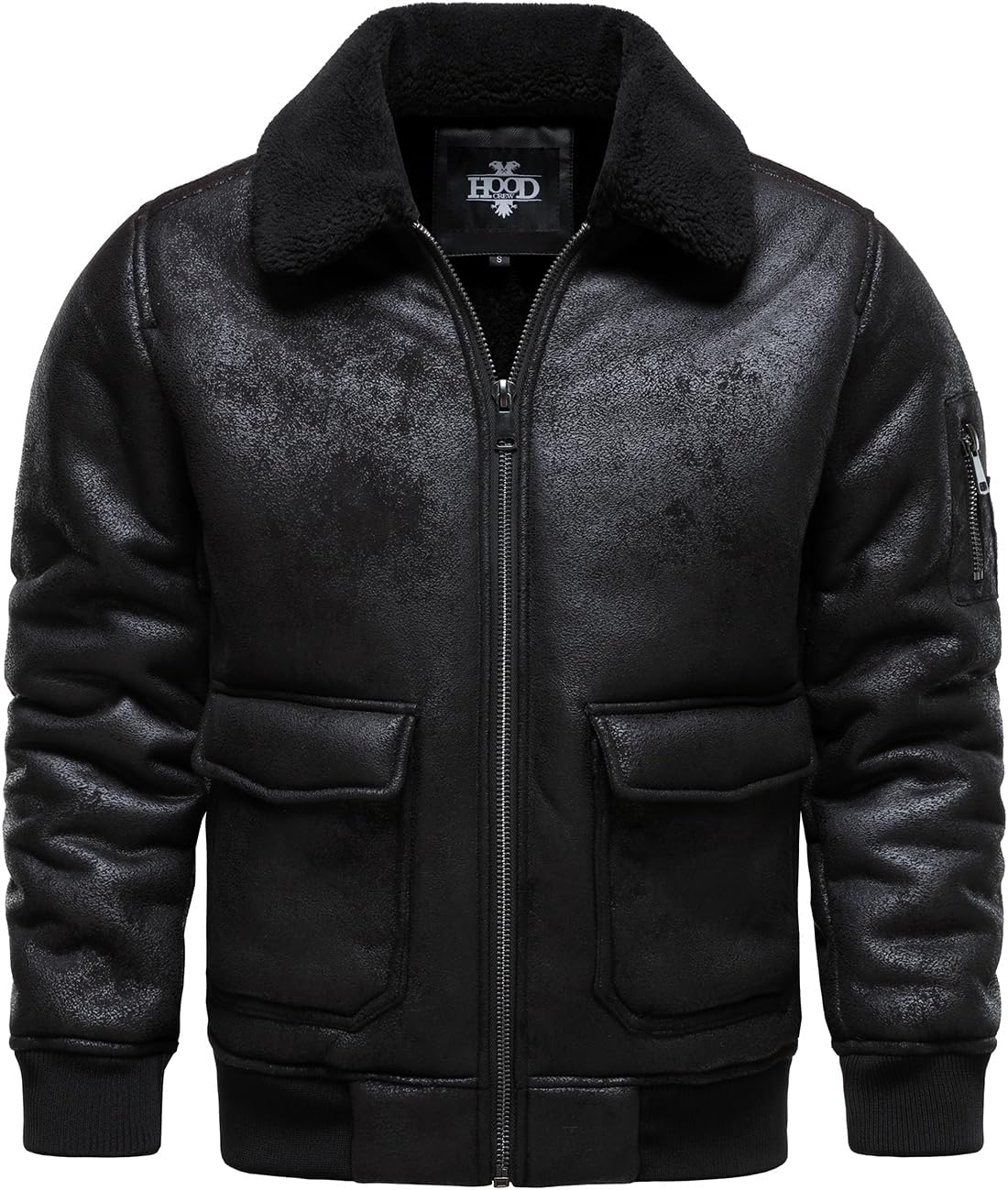 Men’s Warm Black Faux Leather Aviator Jacket | Fleece Lined Winter Coat
