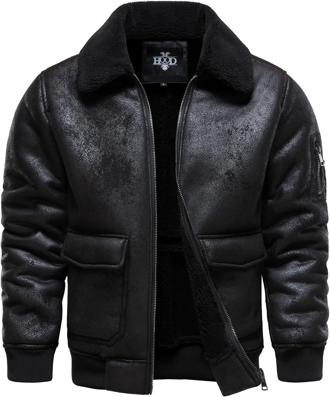 Men’s Warm Black Faux Leather Aviator Jacket | Fleece Lined Winter Coat