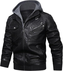Men’s Warm Black PU Leather Motorcycle Jacket with Removable Hood