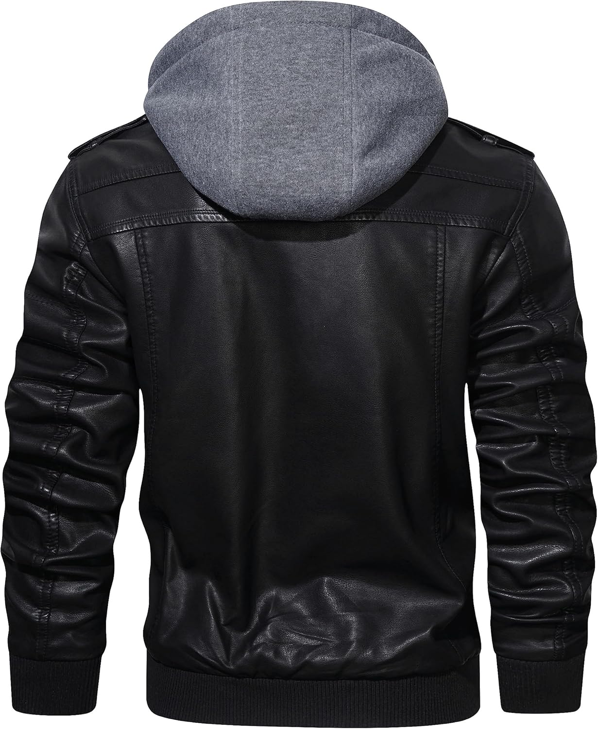 Men’s Warm Black PU Leather Motorcycle Jacket with Removable Hood