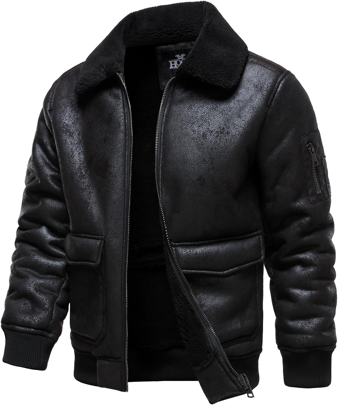 Men’s Warm Black Faux Leather Aviator Jacket | Fleece Lined Winter Coat
