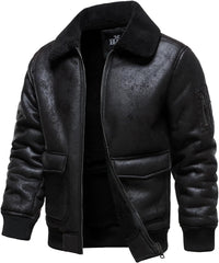 Men’s Warm Black Faux Leather Aviator Jacket | Fleece Lined Winter Coat