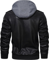 Men’s Warm Black PU Leather Motorcycle Jacket with Removable Hood
