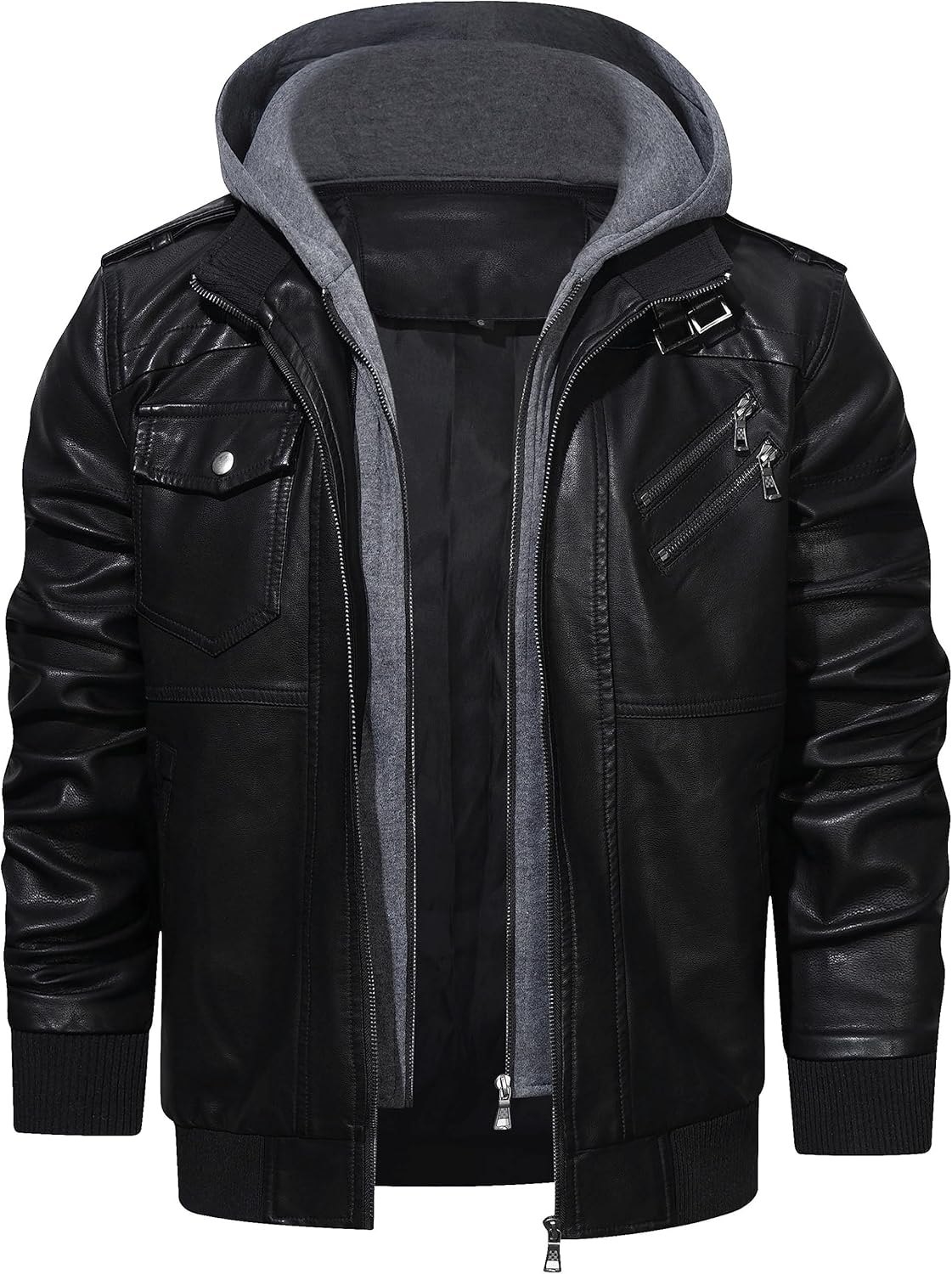 Men’s Warm Black PU Leather Motorcycle Jacket with Removable Hood