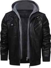 Men’s Warm Black PU Leather Motorcycle Jacket with Removable Hood