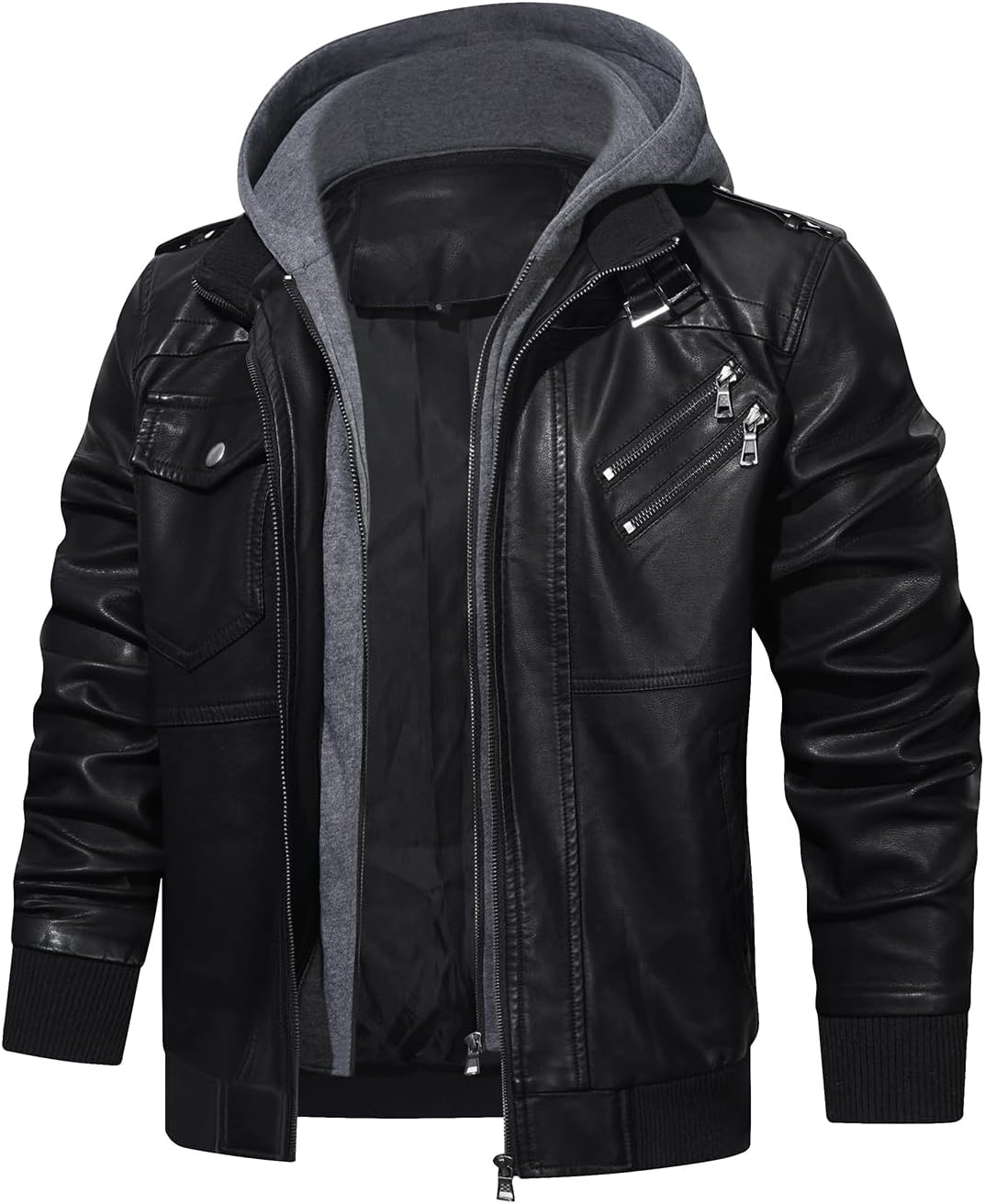Men’s Warm Black PU Leather Motorcycle Jacket with Removable Hood