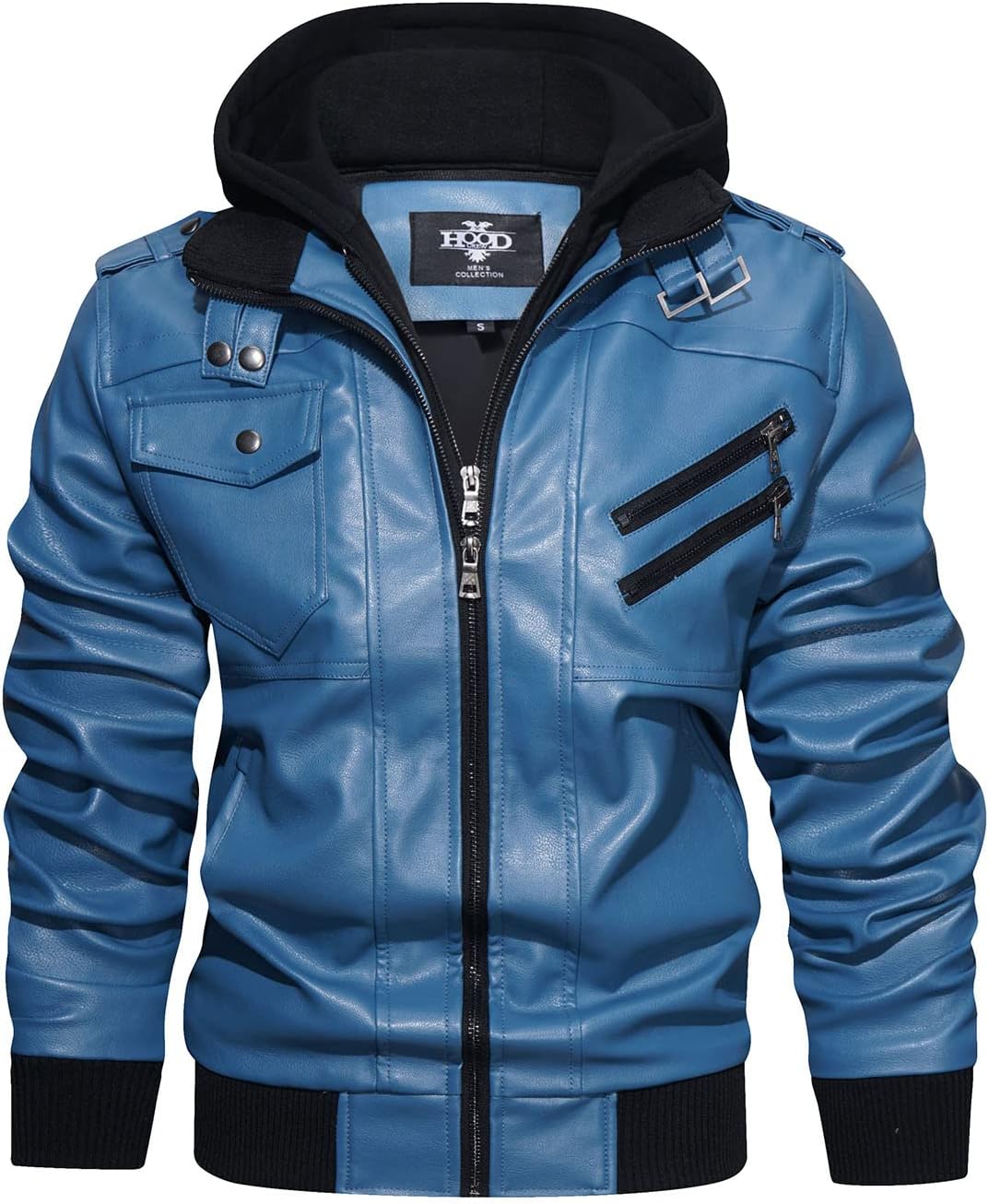 Men’s Warm Blue PU Leather Motorcycle Jacket with Removable Hood