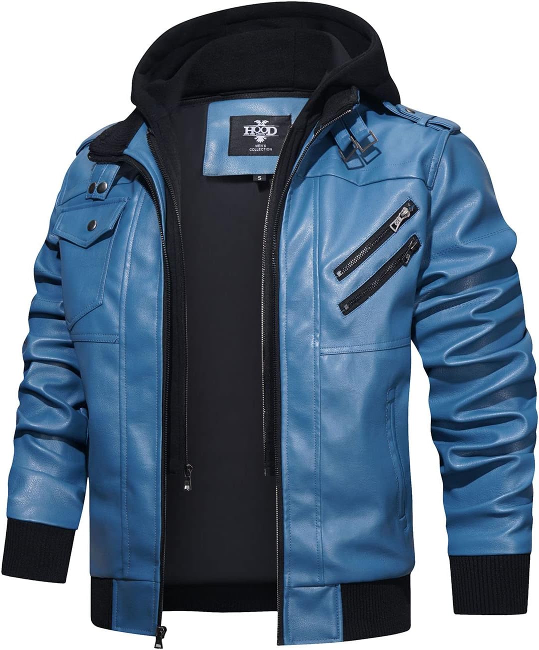Men’s Warm Blue PU Leather Motorcycle Jacket with Removable Hood