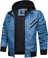 Men’s Warm Blue PU Leather Motorcycle Jacket with Removable Hood