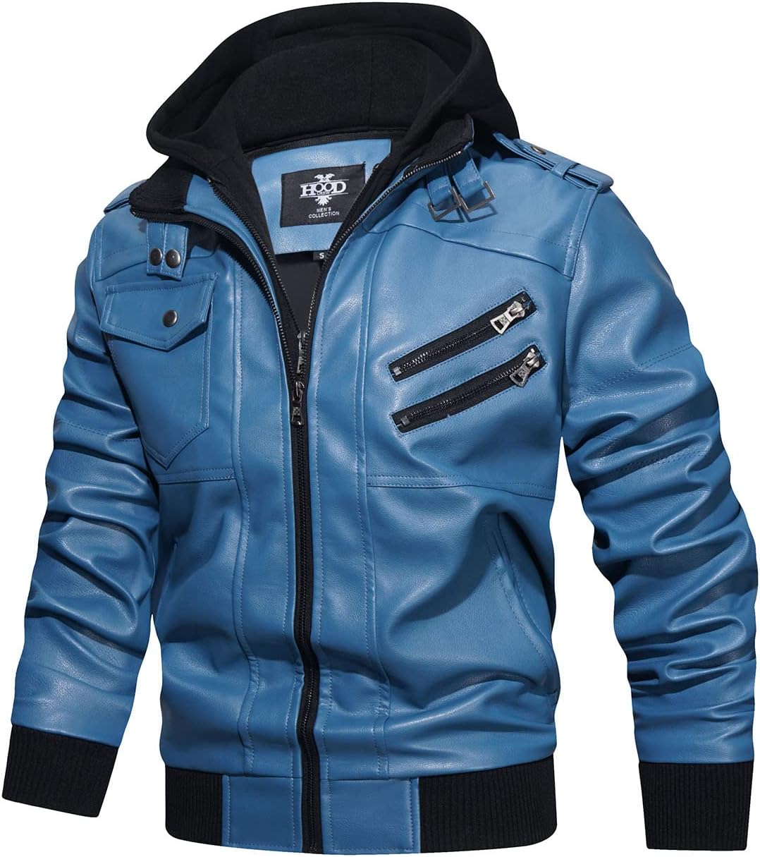 Men’s Warm Blue PU Leather Motorcycle Jacket with Removable Hood