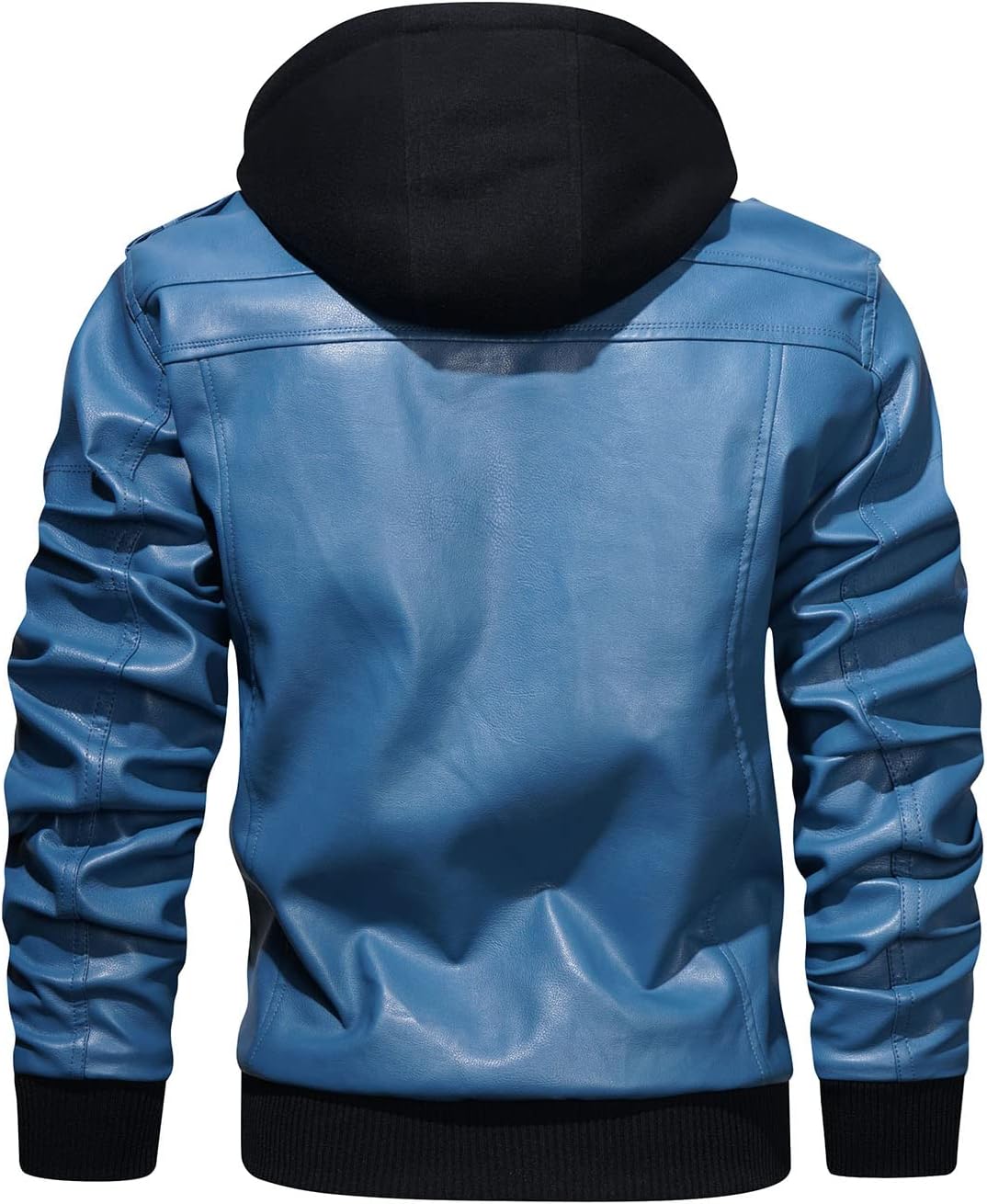 Men’s Warm Blue PU Leather Motorcycle Jacket with Removable Hood