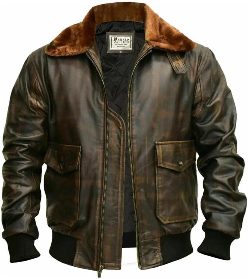 Men’s Distressed Brown G-1 Aviator Leather Jacket with Fur Collar