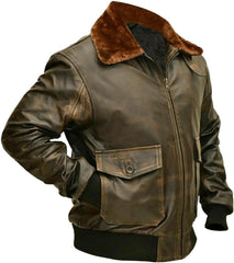 Men’s Distressed Brown G-1 Aviator Leather Jacket with Fur Collar