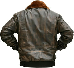 Men’s Distressed Brown G-1 Aviator Leather Jacket with Fur Collar