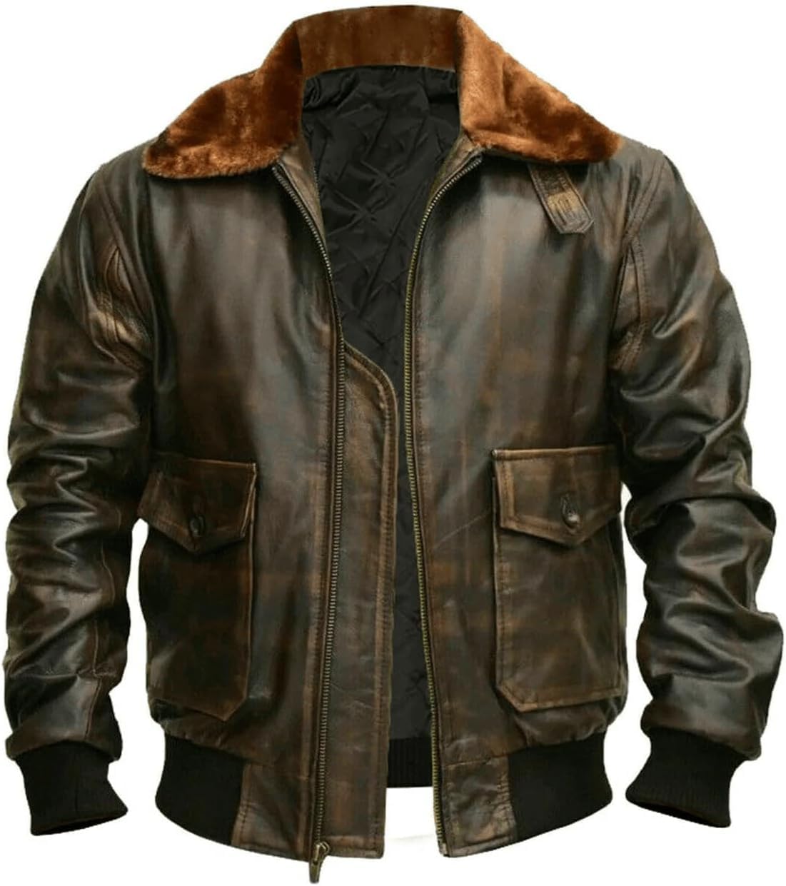 Men’s Distressed Brown G-1 Aviator Leather Jacket with Fur Collar
