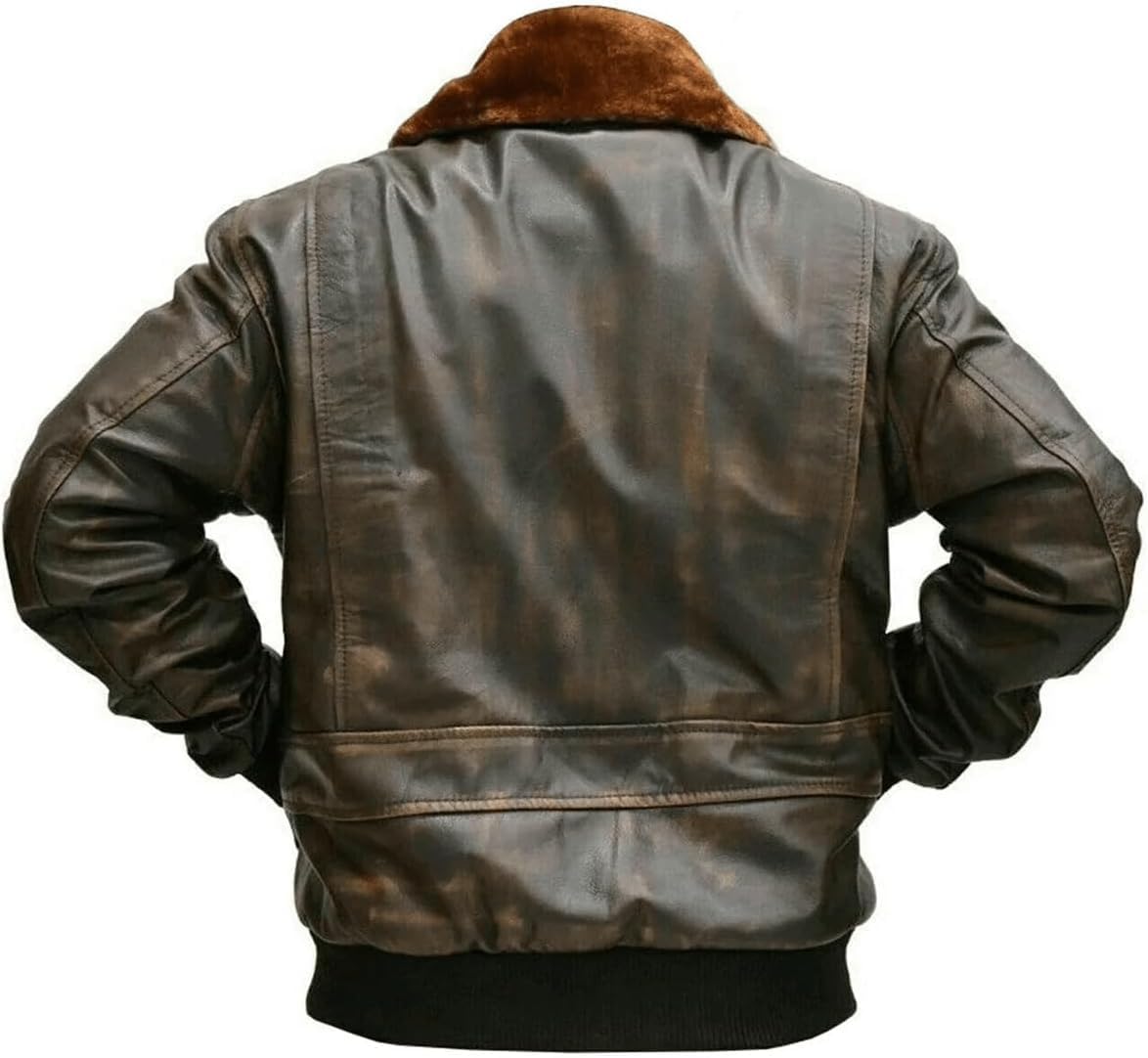 Men’s Distressed Brown G-1 Aviator Leather Jacket with Fur Collar
