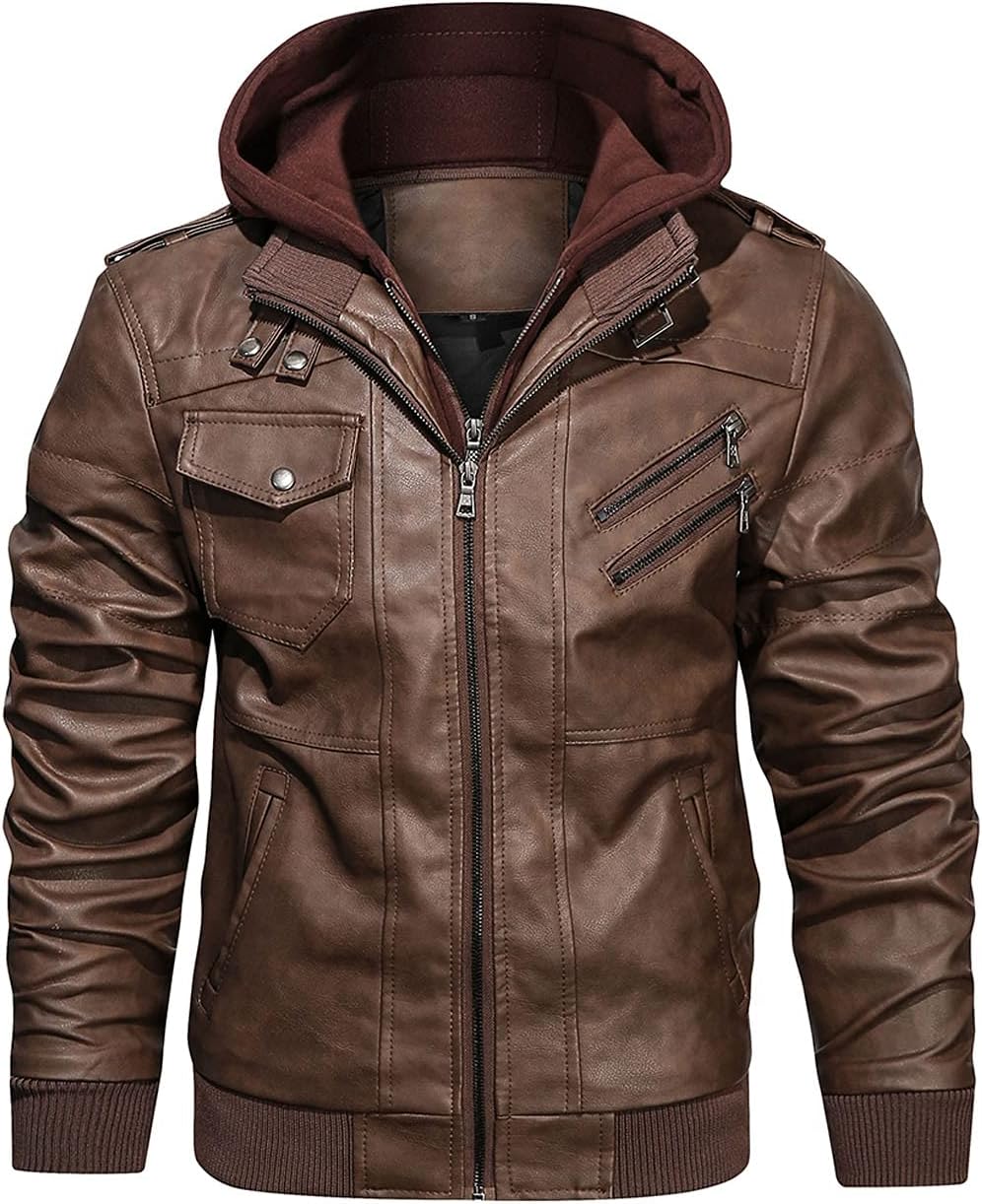 Men’s Warm Brown PU Leather Motorcycle Jacket with Removable Hood