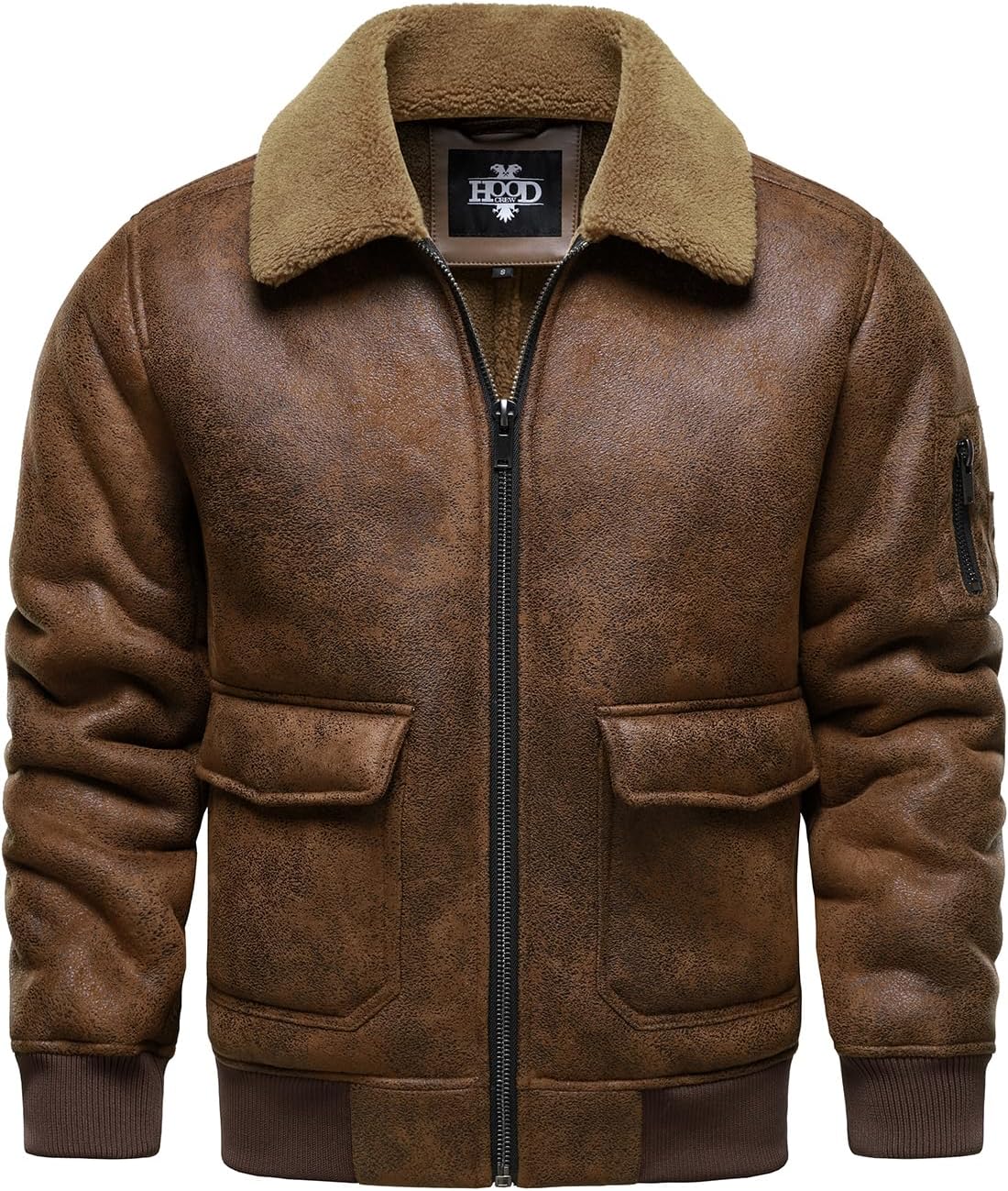 Men’s Warm Brown Faux Leather Aviator Jacket | Fleece Lined Winter Coat