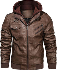 Men’s Warm Brown PU Leather Motorcycle Jacket with Removable Hood