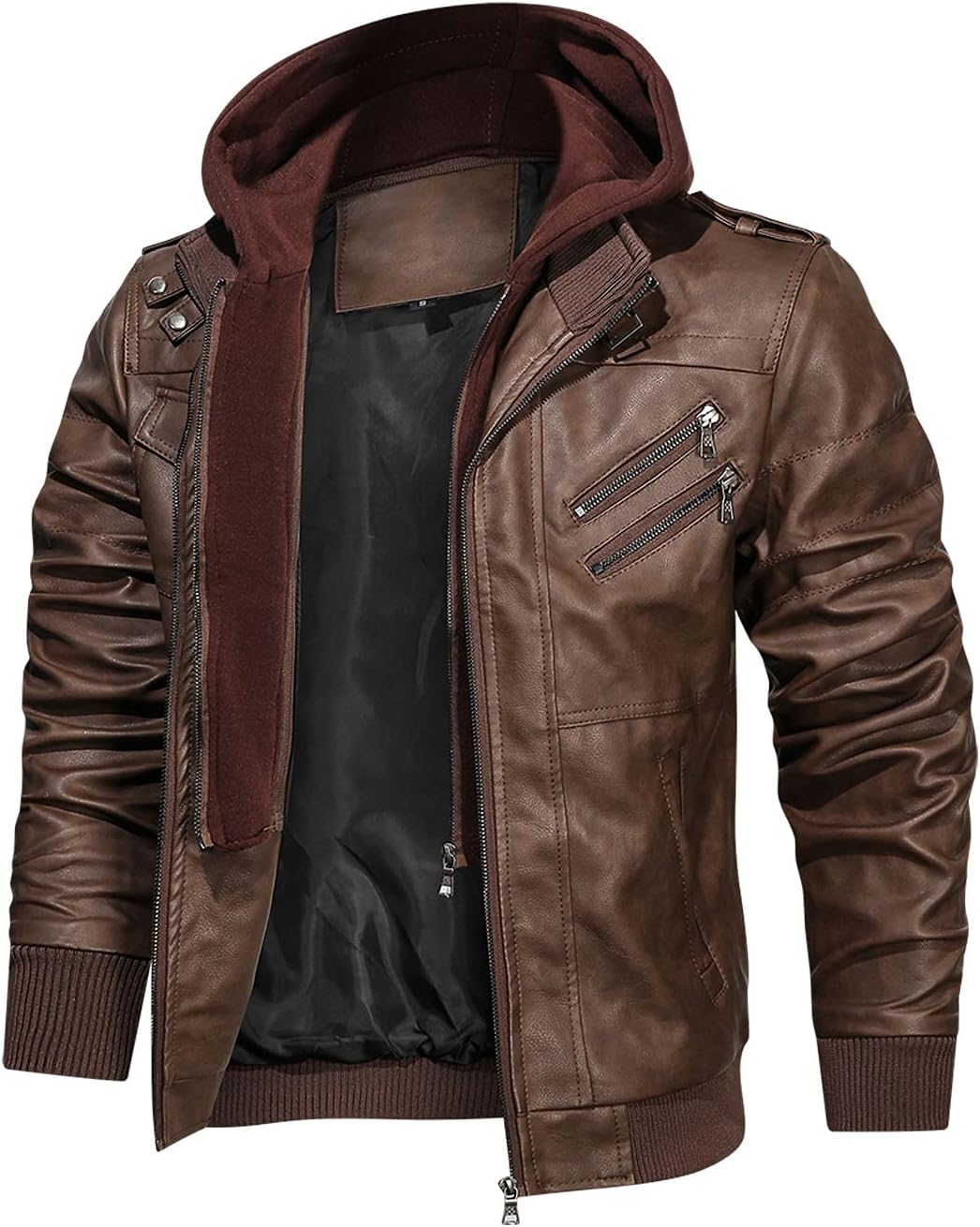 Men’s Warm Brown PU Leather Motorcycle Jacket with Removable Hood
